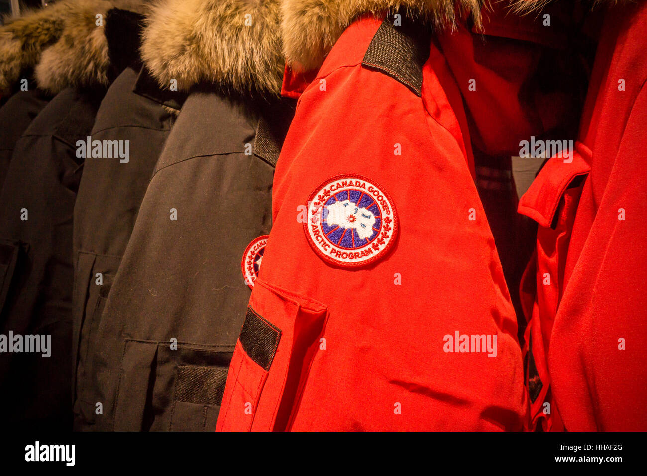 Canada Goose brand parkas in their flagship store in New York on Saturday,  January 14, 2017. Canada Goose is reported to be planning an initial public  offering for either February or March.