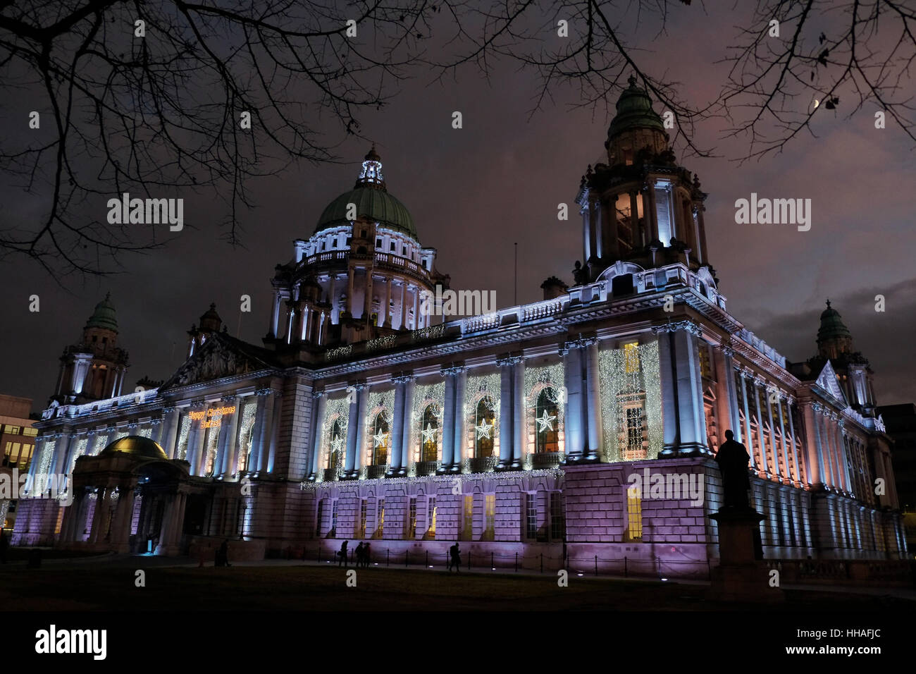 Belfast City Hall floodlit for Christmas. Stock Photo