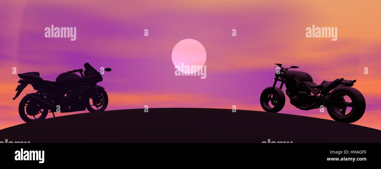 Two different motorbikes shadow on a hill by night with big moon Stock Photo