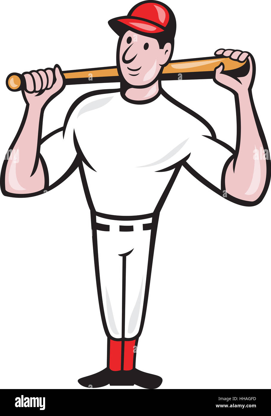 Illustration of a american baseball player batting bat on shoulder cartoon style isolated on white background. Stock Photo