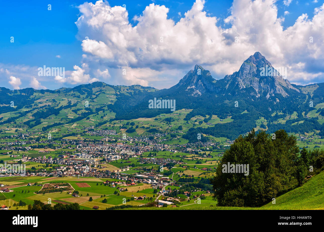 panorama of the town of schwyz with the myths Stock Photo