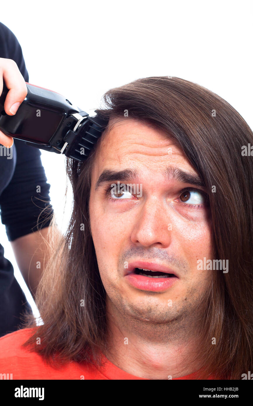 funny, crazy, unhappy, hairdresser, haircut, hair, man, humans, human beings, Stock Photo