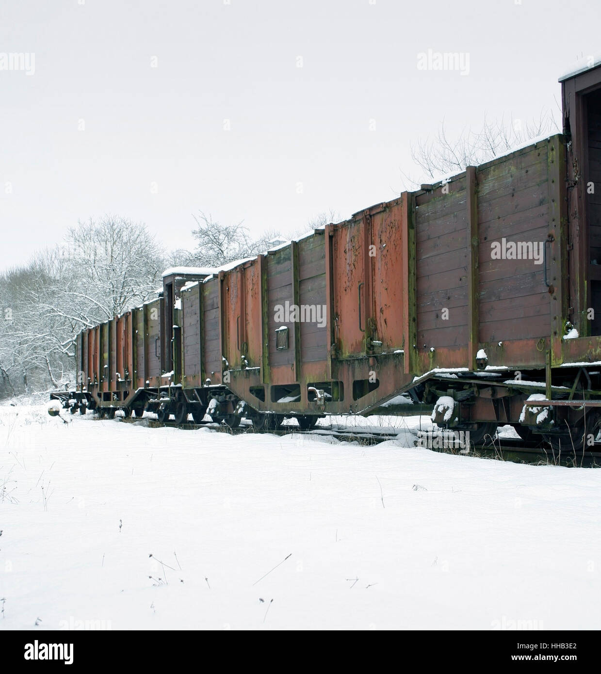 outdoor shot of a old railway car in Southern Germany at winter time Stock Photo