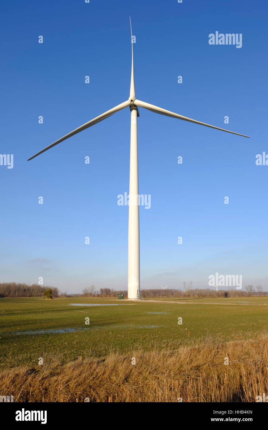 Wind turbine on farmland on a clear day with blue skies in the region of Lambton Shores, Southwest Ontario, Canada. Stock Photo
