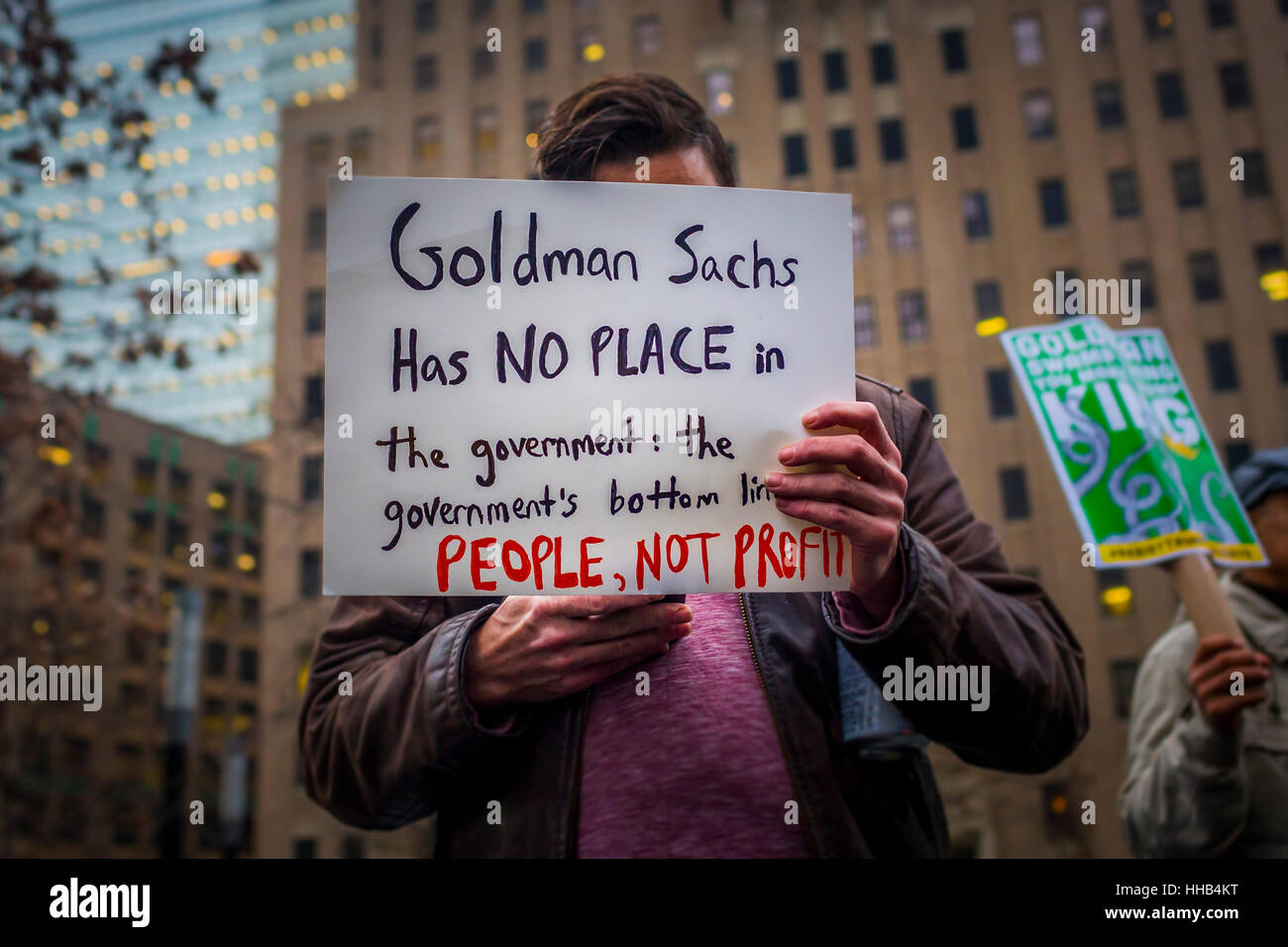 New York City, USA. 17th Jan, 2017. With Donald Trump choosing 6 Goldman Sachs veterans for his administration, dozens of activists converged at the Goldman headquarters in Manhattan, to occupy and protest the continuing relationship with the White House and the Wall Street giant. Credit: Michael Nigro/Pacific Press/Alamy Live News Stock Photo