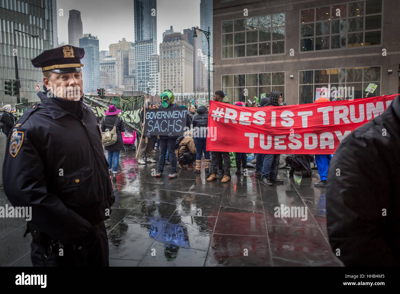 New York City, USA. 17th Jan, 2017. With Donald Trump choosing 6 Goldman Sachs veterans for his administration, dozens of activists converged at the Goldman headquarters in Manhattan, to occupy and protest the continuing relationship with the White House and the Wall Street giant. Credit: Michael Nigro/Pacific Press/Alamy Live News Stock Photo