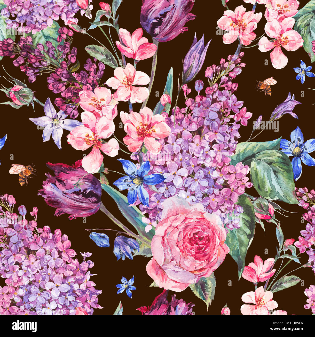 Watercolor spring seamless background with pink flowers Stock Photo - Alamy