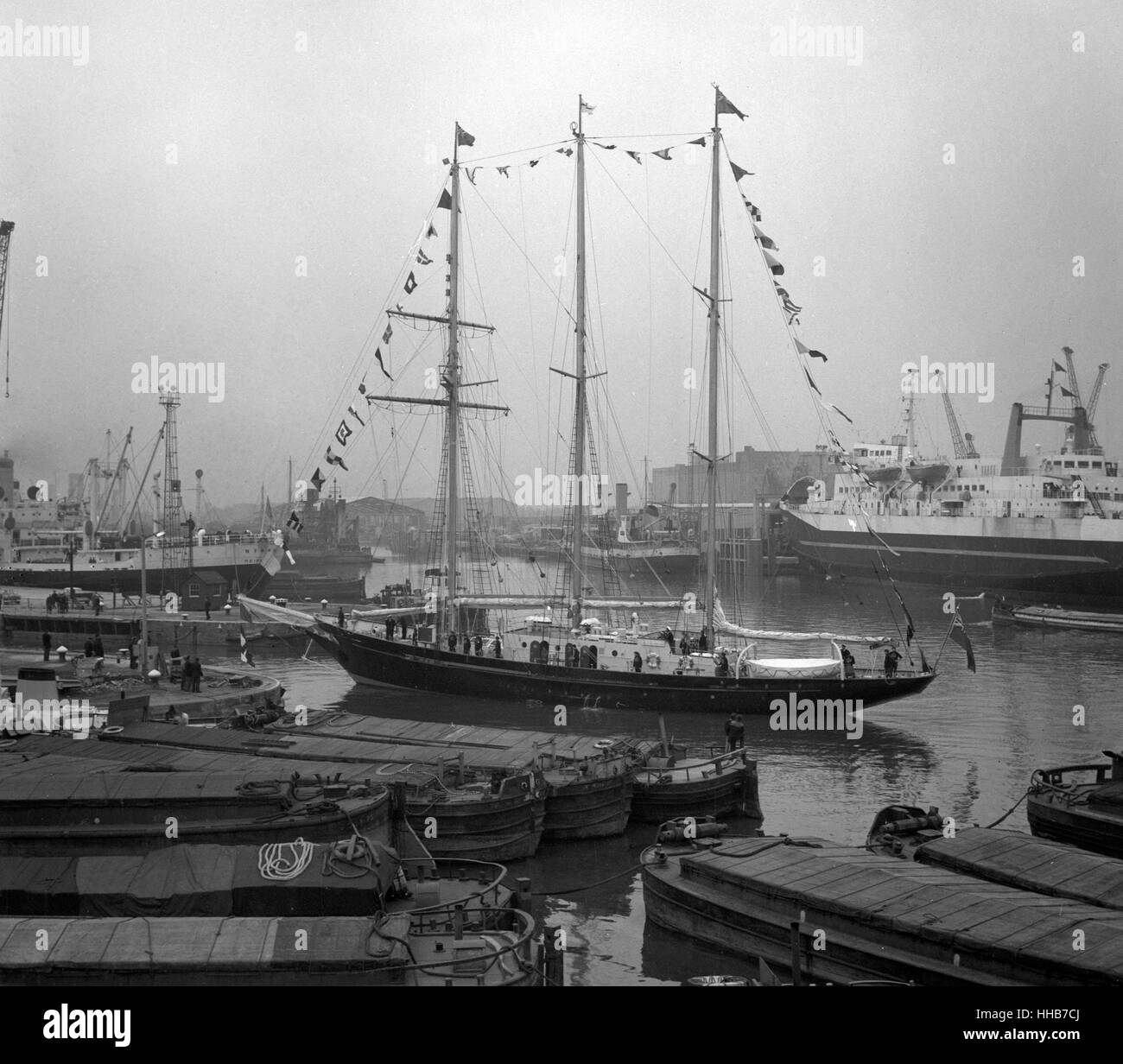 The sail training ship Sir Winston Churchill moves through King George V dock in Hull, after the dedication and naming ceremony. The ship has been built for the Sail Training Association as a character training vessel for British youth. Stock Photo