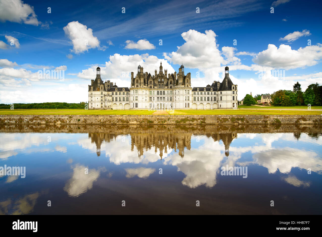 Chateau de Chambord, royal medieval french castle and reflection. Loire Valley, France, Europe. Unesco heritage site. Stock Photo