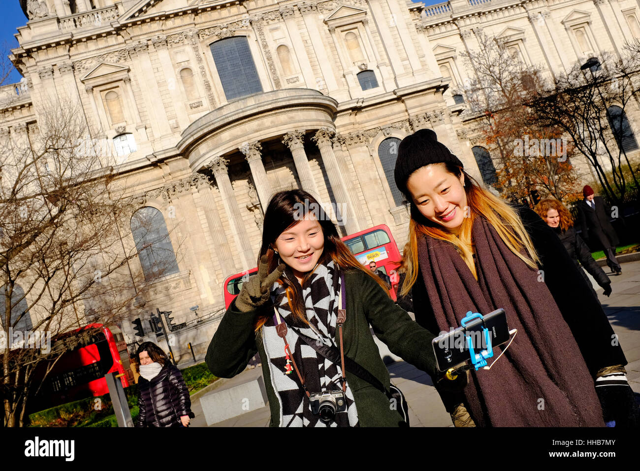 female chinese tourists taking selfie photograph Stock Photo