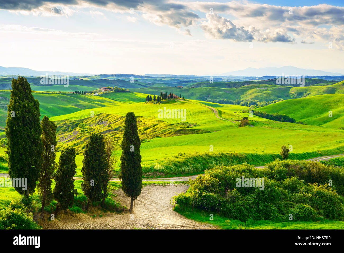 Tuscany, rural sunset landscape. Countryside farm, cypresses trees, green field, sun light and cloud. Volterra, Italy, Europe. Stock Photo
