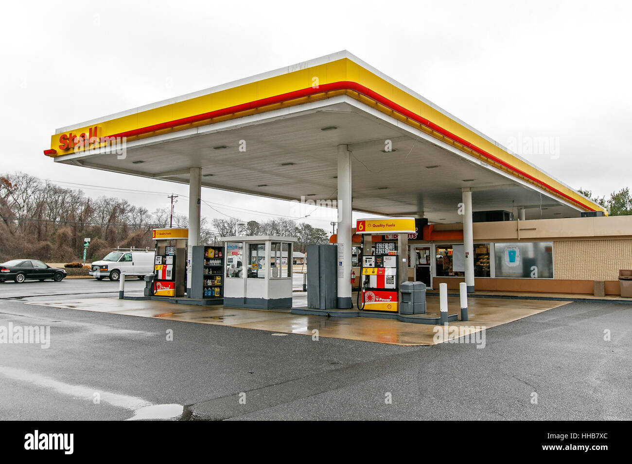 Shell gas station is seen on a cloudy day. Stock Photo
