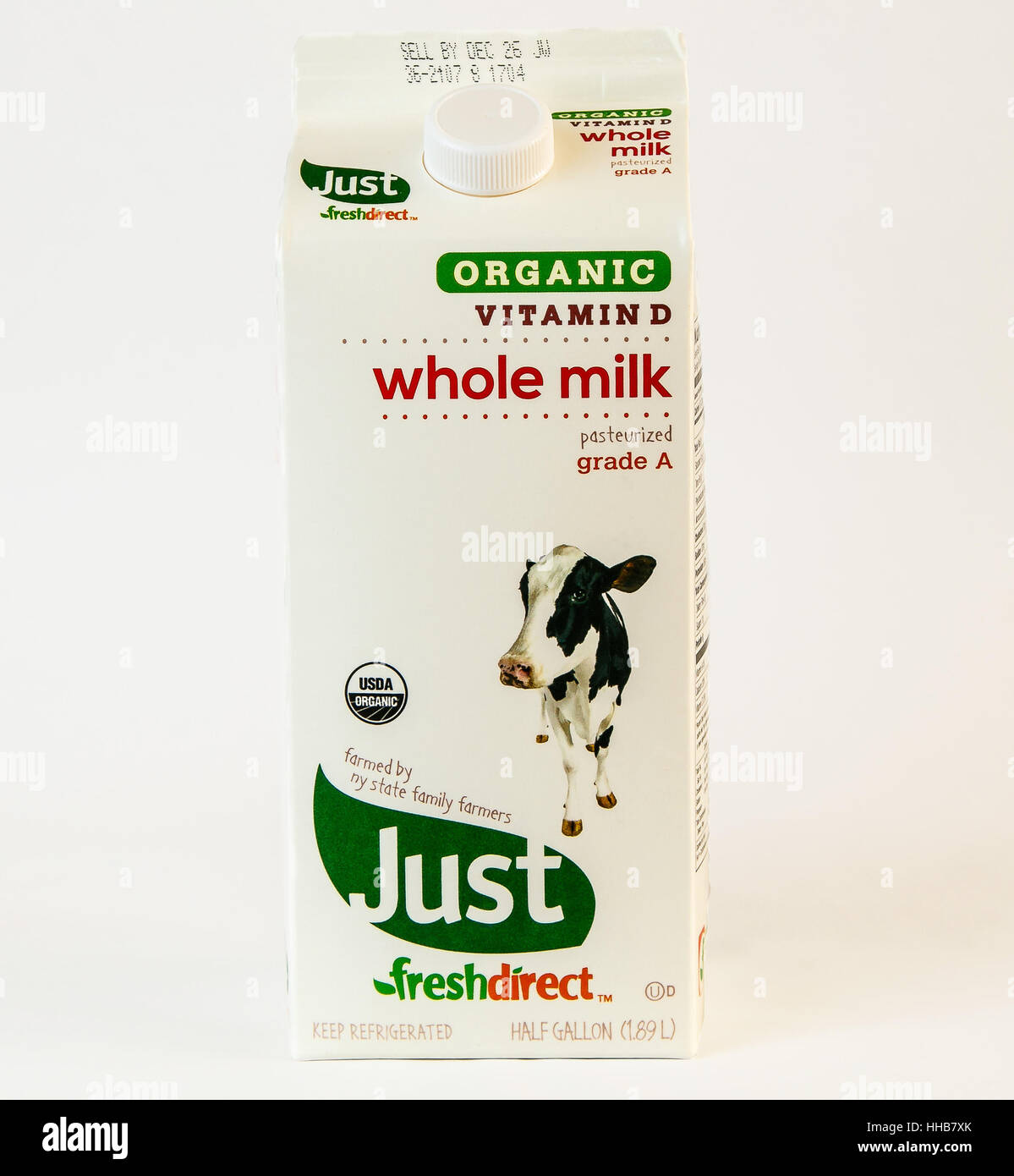A carton of whole milk from Fresh Direct. Stock Photo