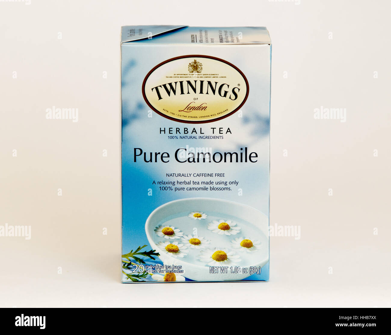 A pack of Pure Camomile herbal tea is seen against white background