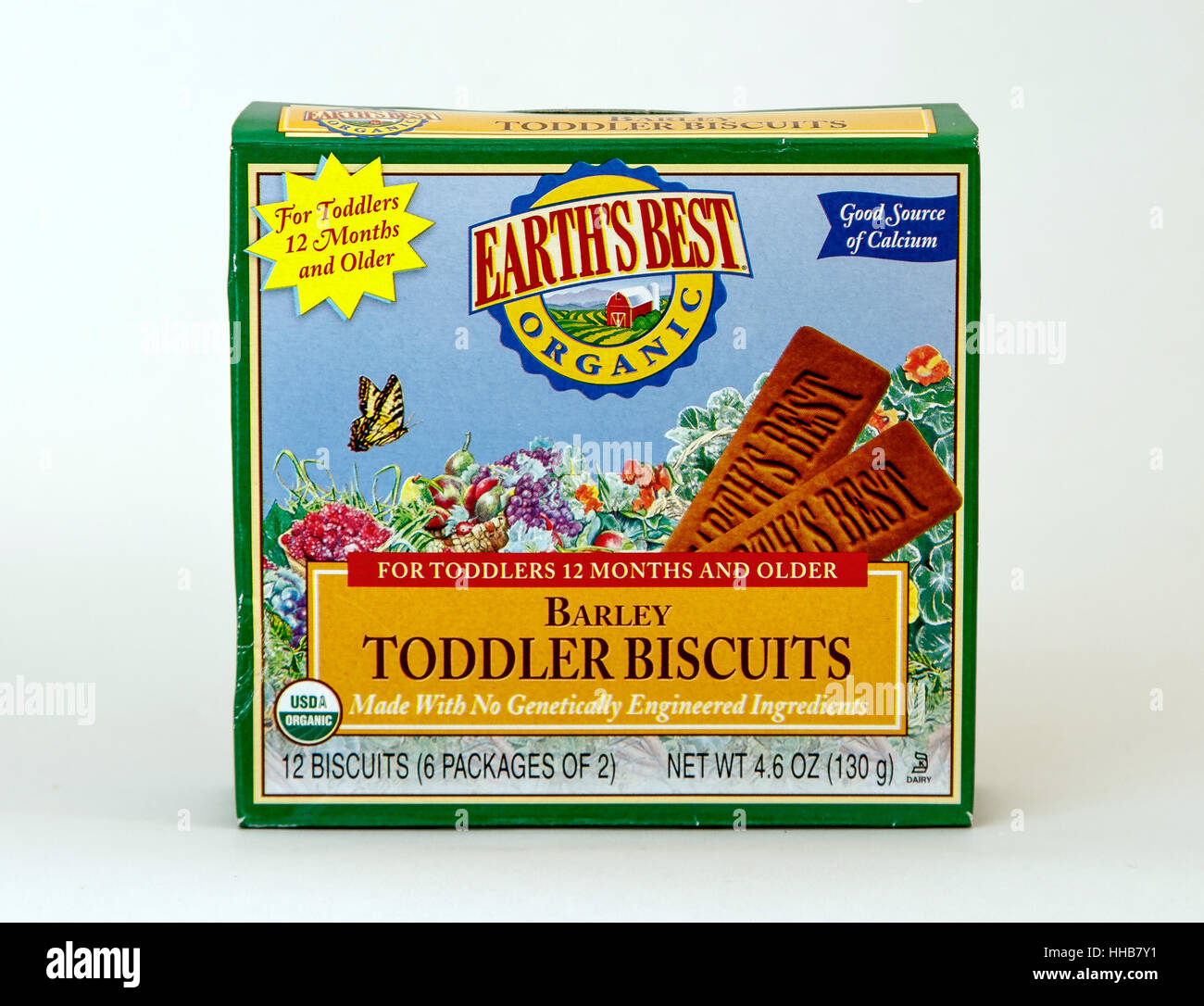A pack of Barley Toddler Biscuits is seen against white background. Stock Photo