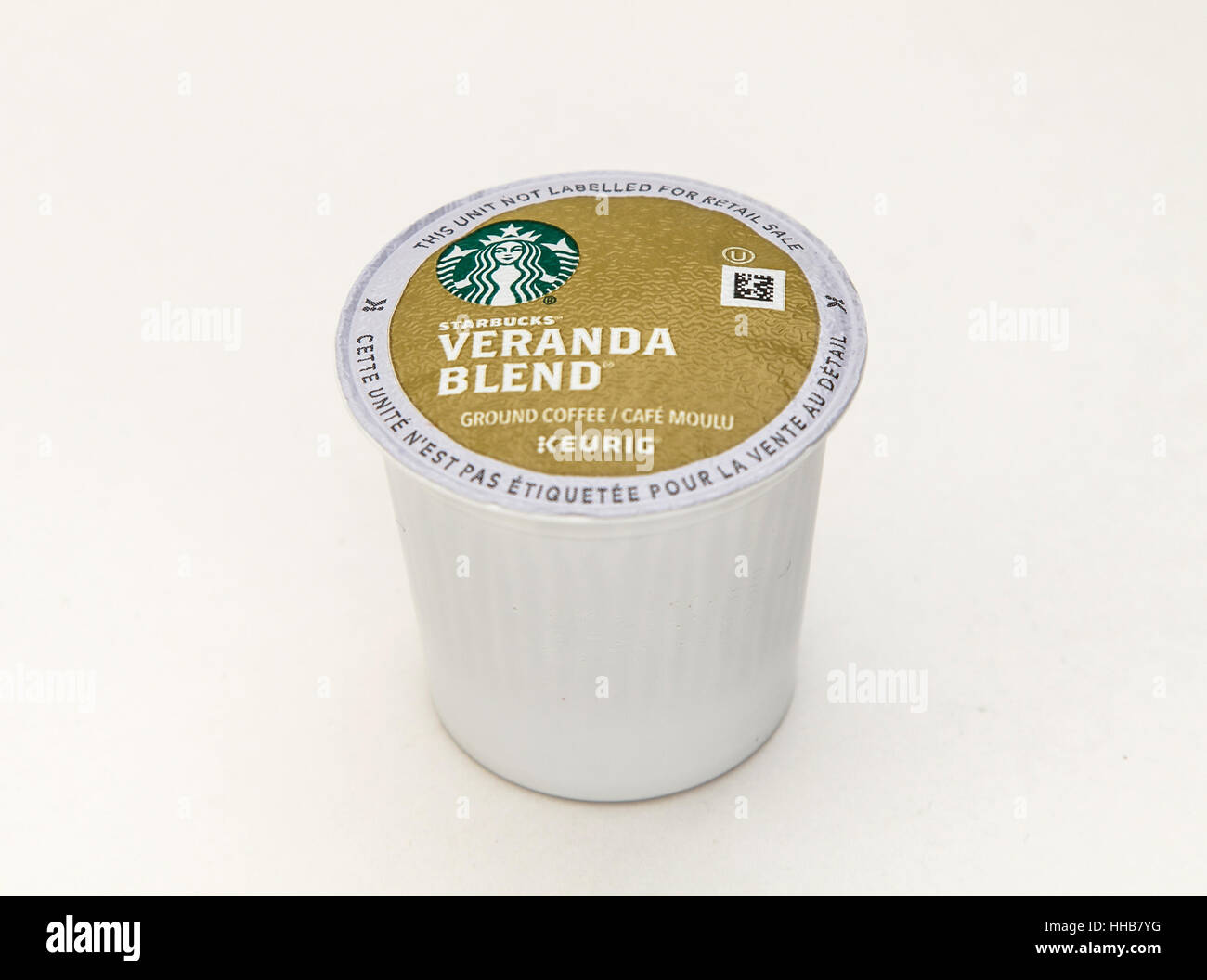 A single Starbucks Veranda Blend coffee capsule for Keurig coffee machine is seen against white background. Stock Photo