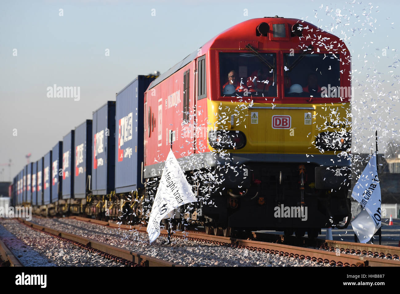 The first freight train service from China to the UK arrives at DB Cargo's rail freight terminal in Barking. Stock Photo