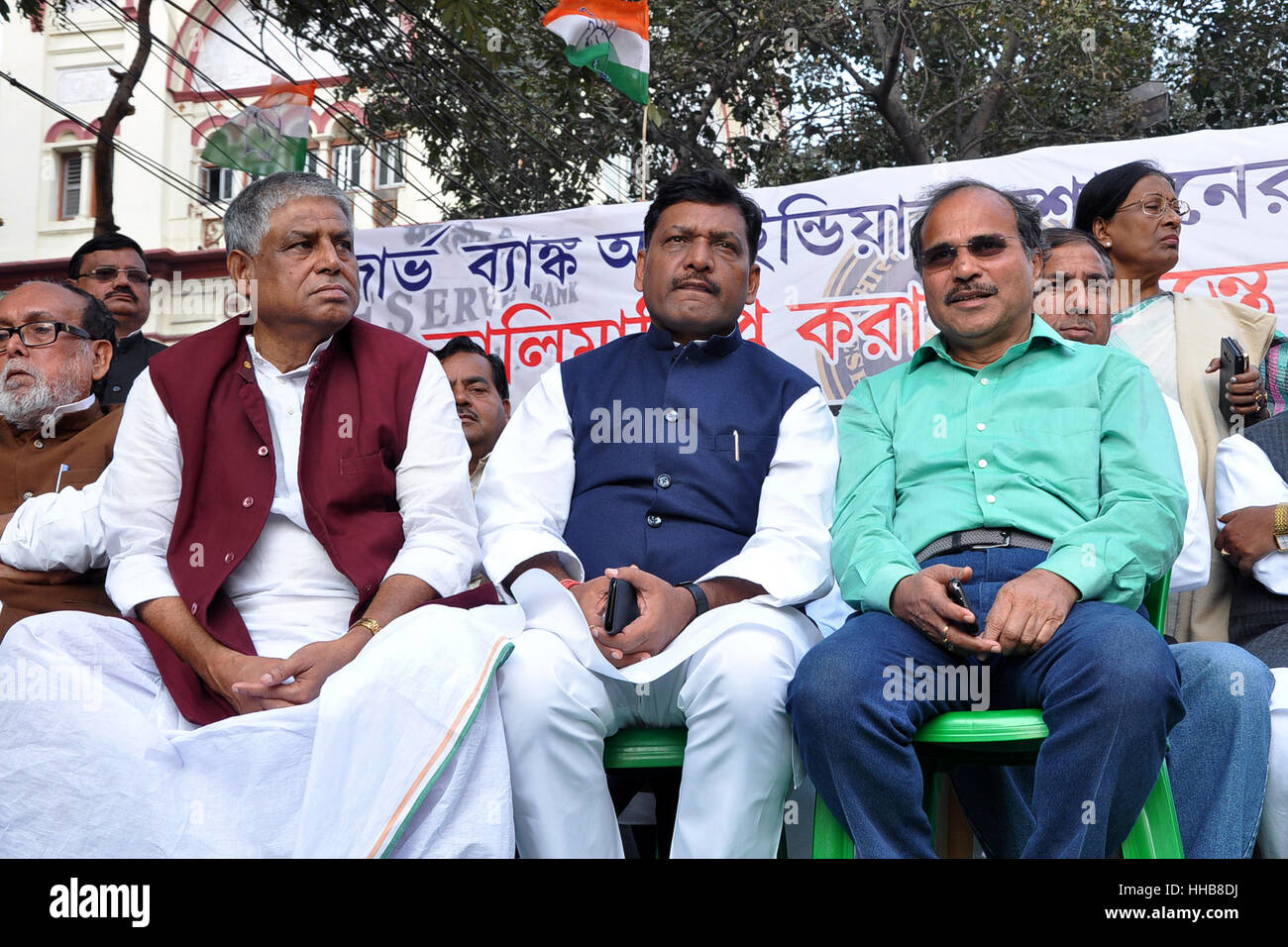 Kolkata, India. 18th Jan, 2017. Abdul Mannan, Akhilesh Prasad Singh and Adhir Chowdhury ( from left to right) during the rally. West Bengal Pradesh Congress Committee protests against Narendra Modi Government and demonetization of Rs.500 and Rs.1000 in front of Reserve Bank of India, Kolkata. Credit: Saikat Paul/Pacific Press/Alamy Live News Stock Photo