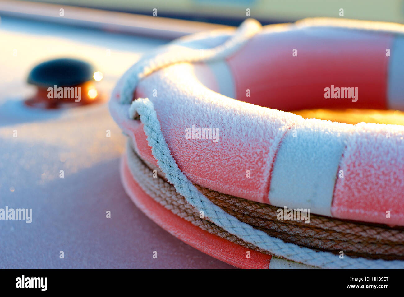 Frost on lifebuoy in winter Stock Photo