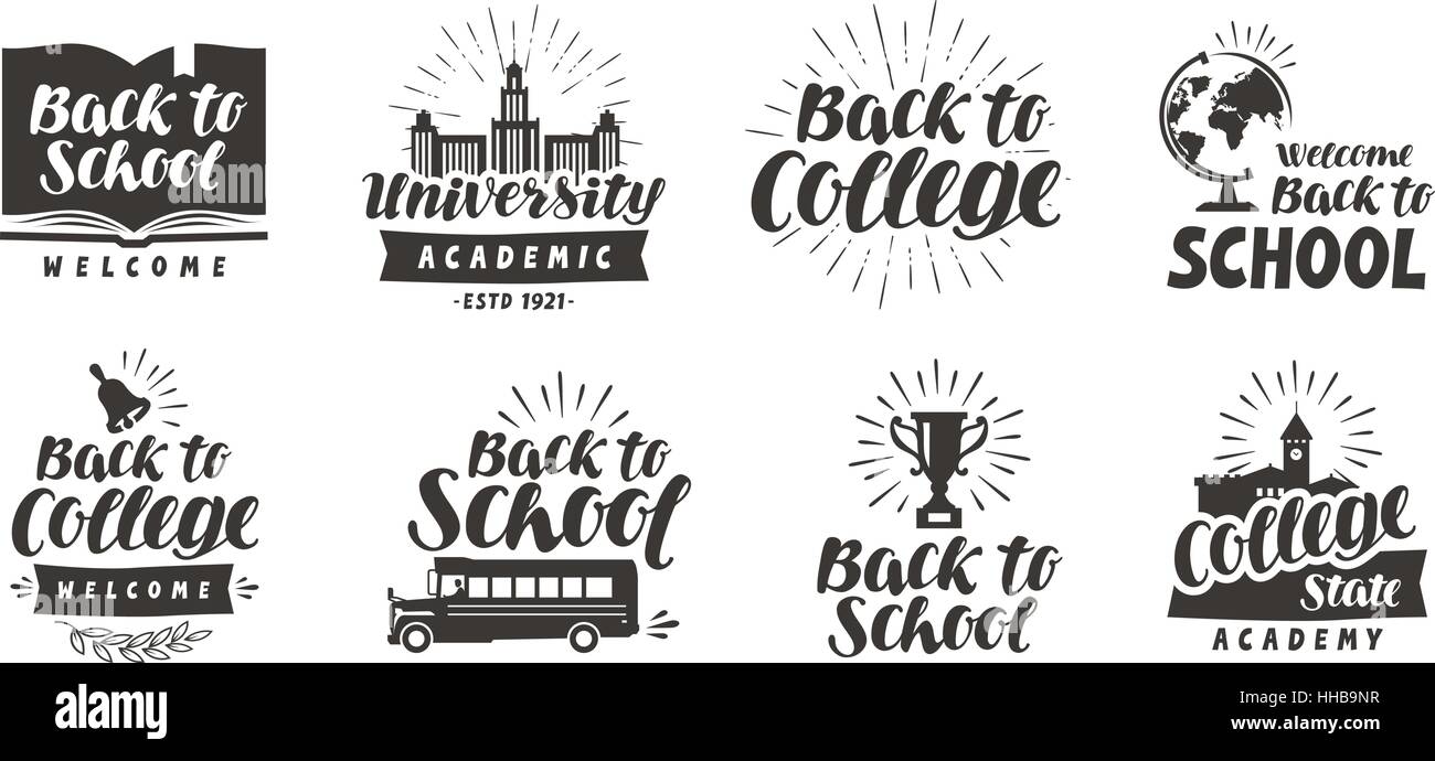 School, college set icons. Beautiful calligraphic lettering. Label vector illustration Stock Vector