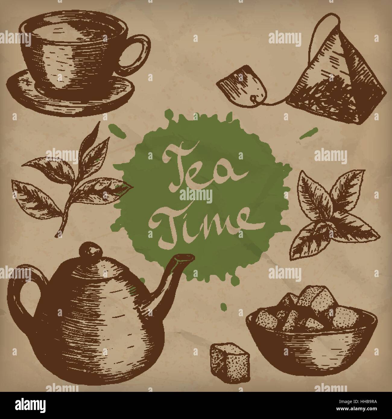 Vector collection of hand drawn tea illustration. Decorative inking