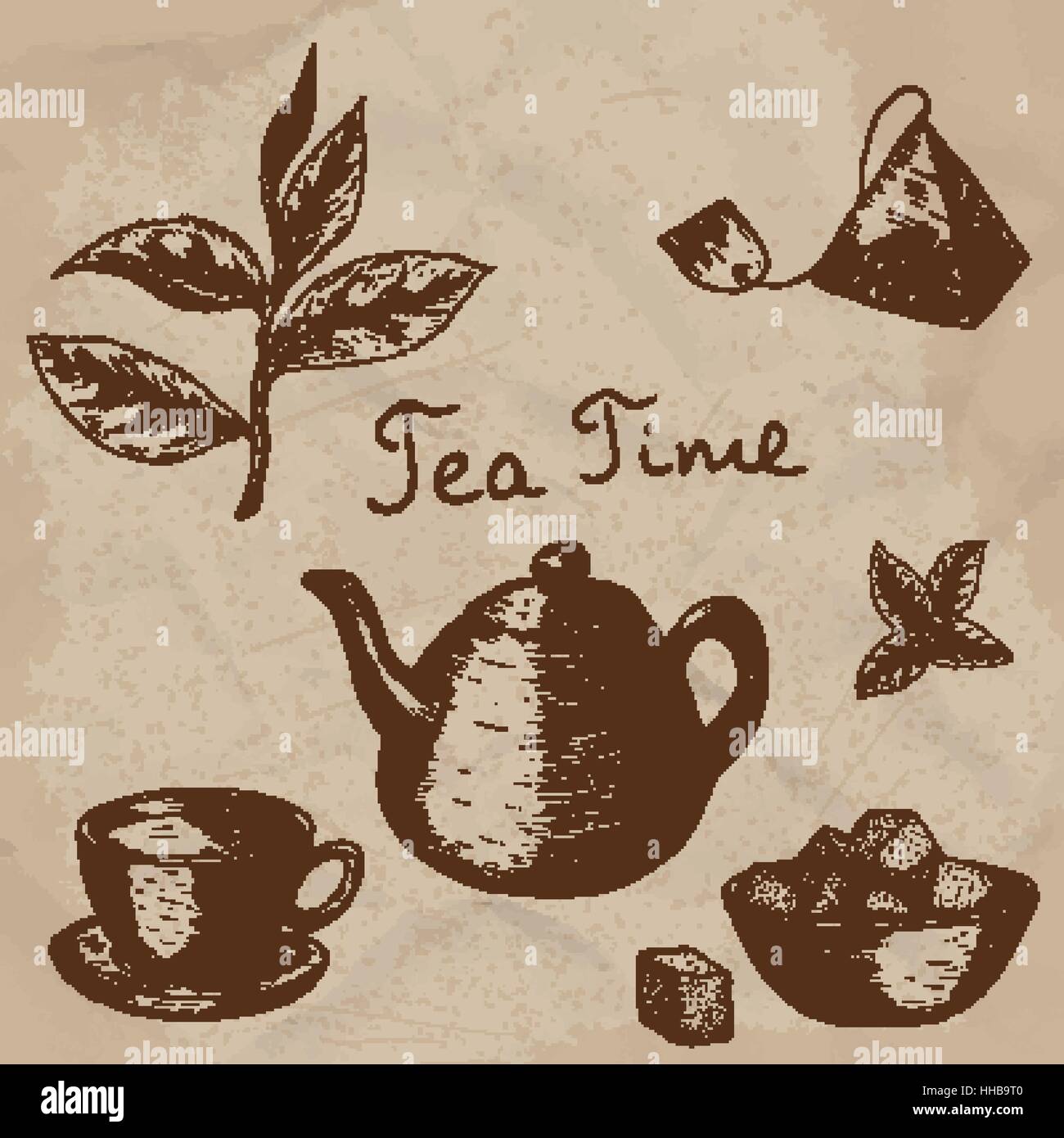 Vector collection of hand drawn tea illustration. Decorative inking