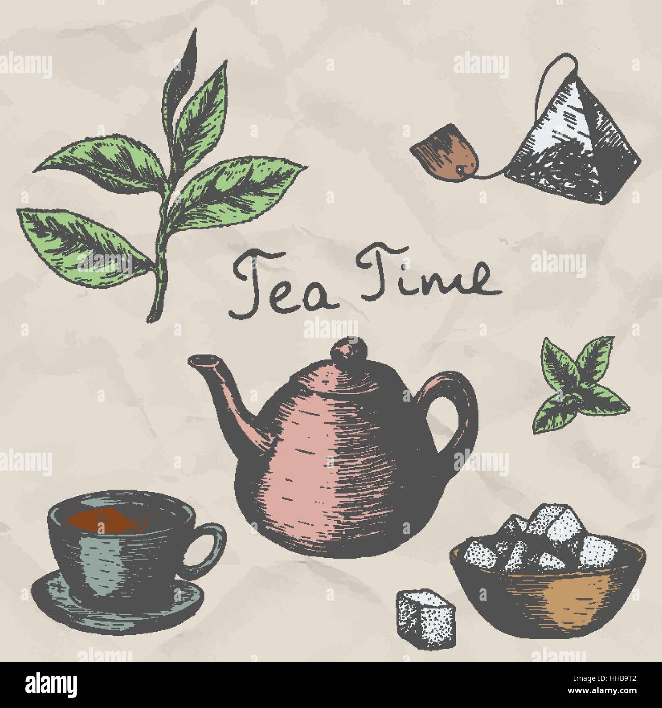 Vector collection of hand drawn tea illustration. Decorative inking