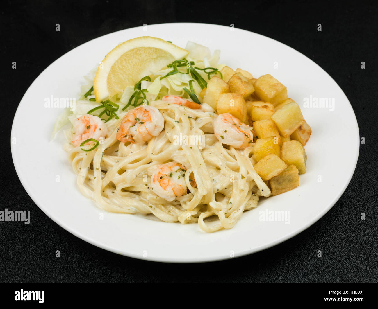 Healthy King Prawn Alfredo Linguine Italian Style Pasta Dish Stock