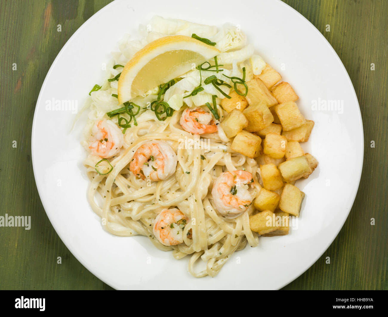 Healthy King Prawn Alfredo Linguine Italian Style Pasta Dish Stock