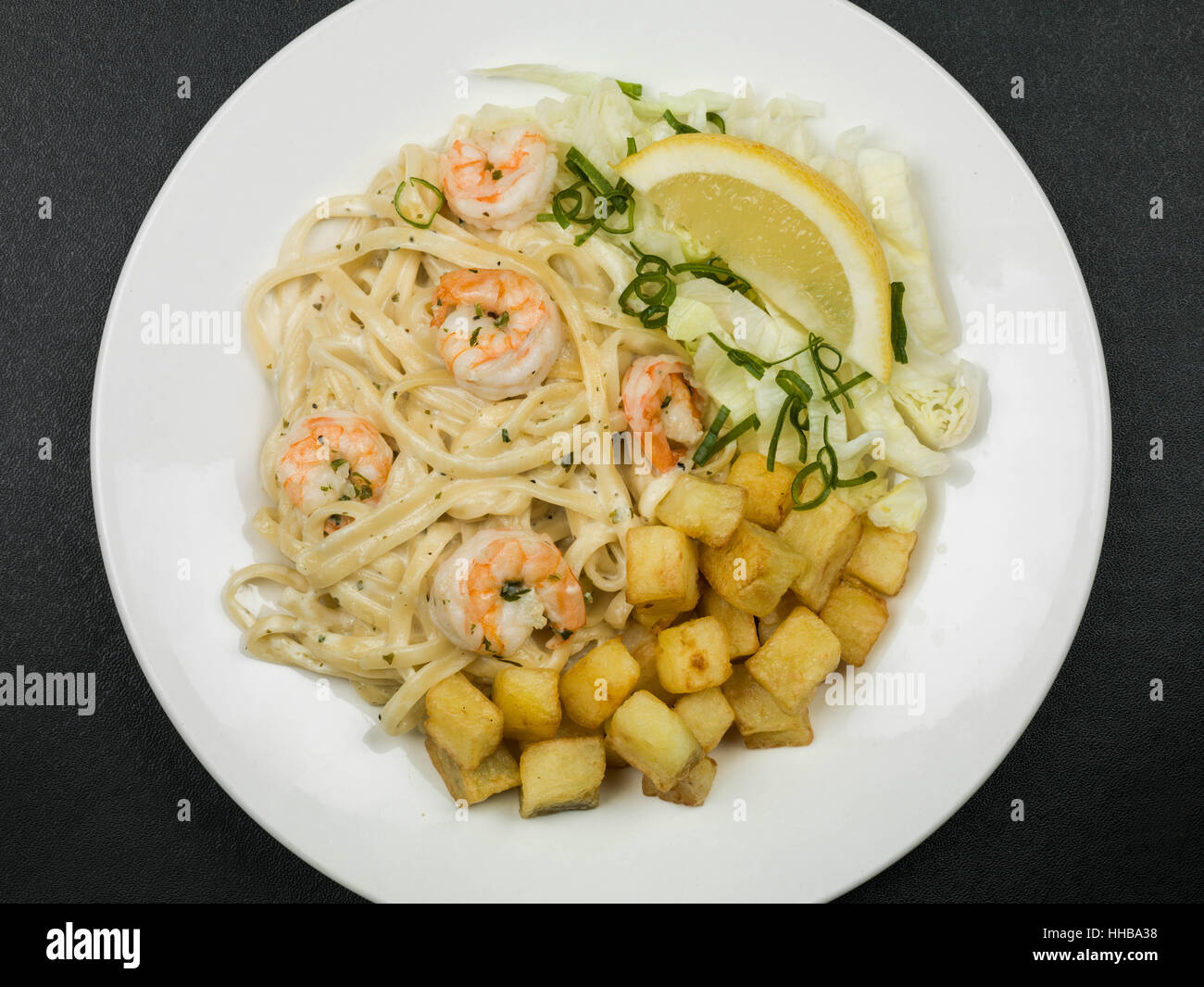 Healthy King Prawn Alfredo Linguine Italian Style Pasta Dish Stock