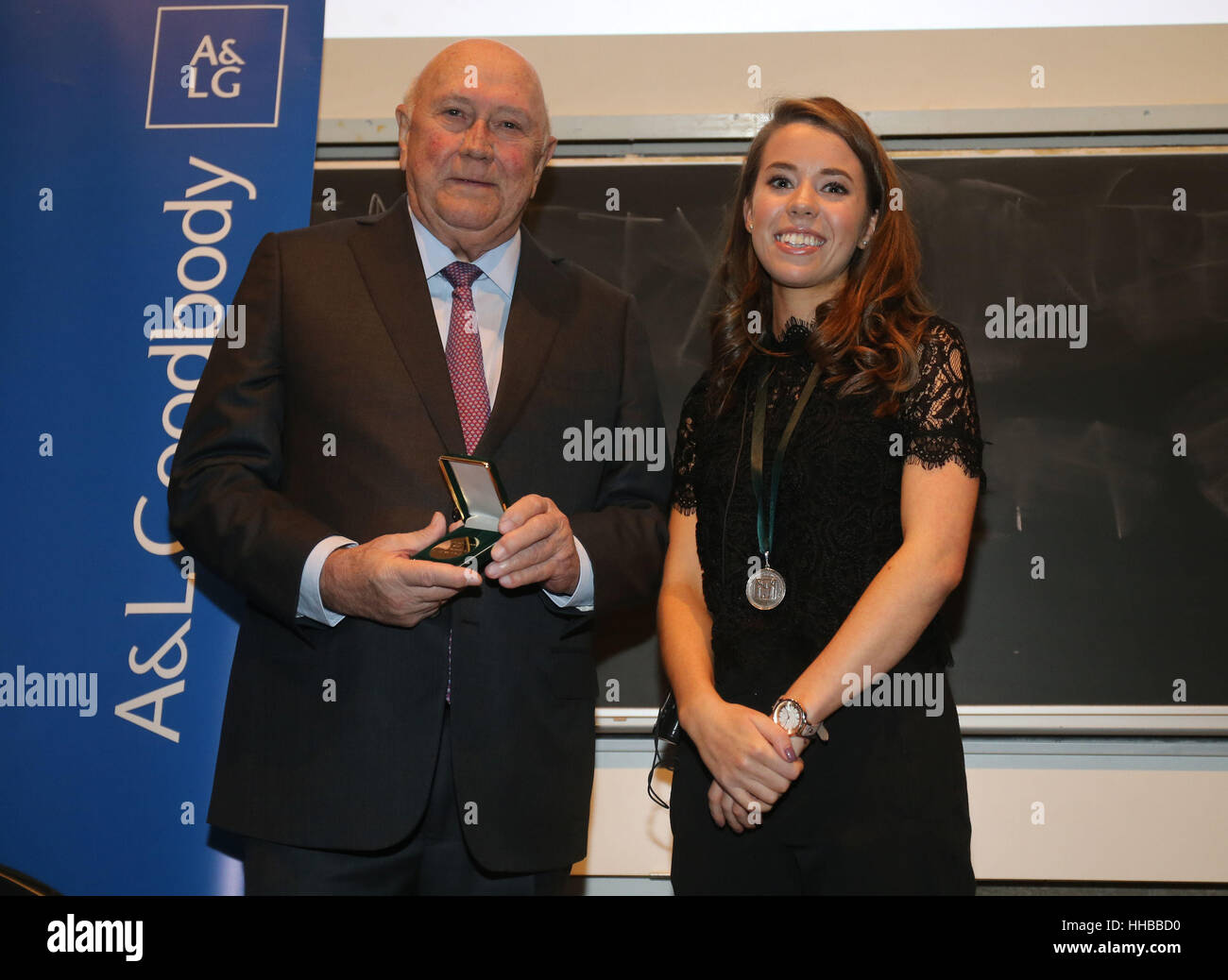 Nobel Peace Prize winner FW de Klerk is presented with the Praeses Elit Award by Auditor Hilary Hogan at Trinity College in Dublin as a recognition of his key role in ending apartheid and his outstanding contribution to reconciliation in South Africa. Stock Photo