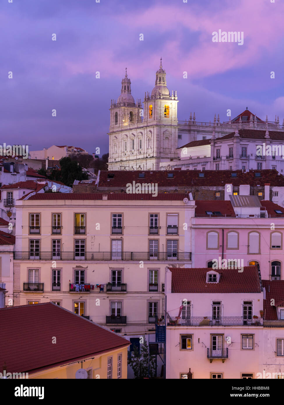 Church of Sao Vicente of Fora in Lisbon, Portugal, seen from Portas do Sol, by night. Stock Photo