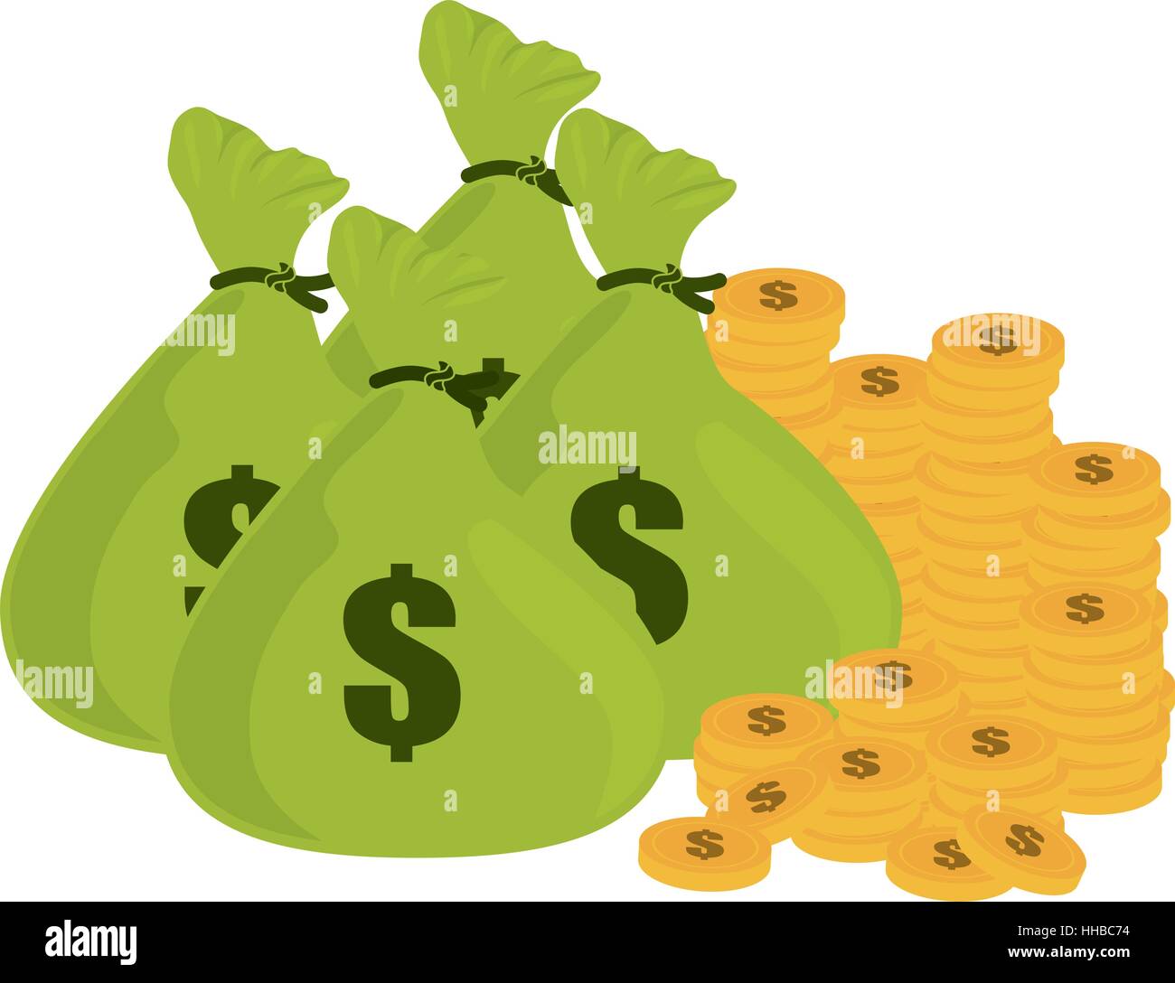 bag with money and stacks of gold coins over white background. vector ...