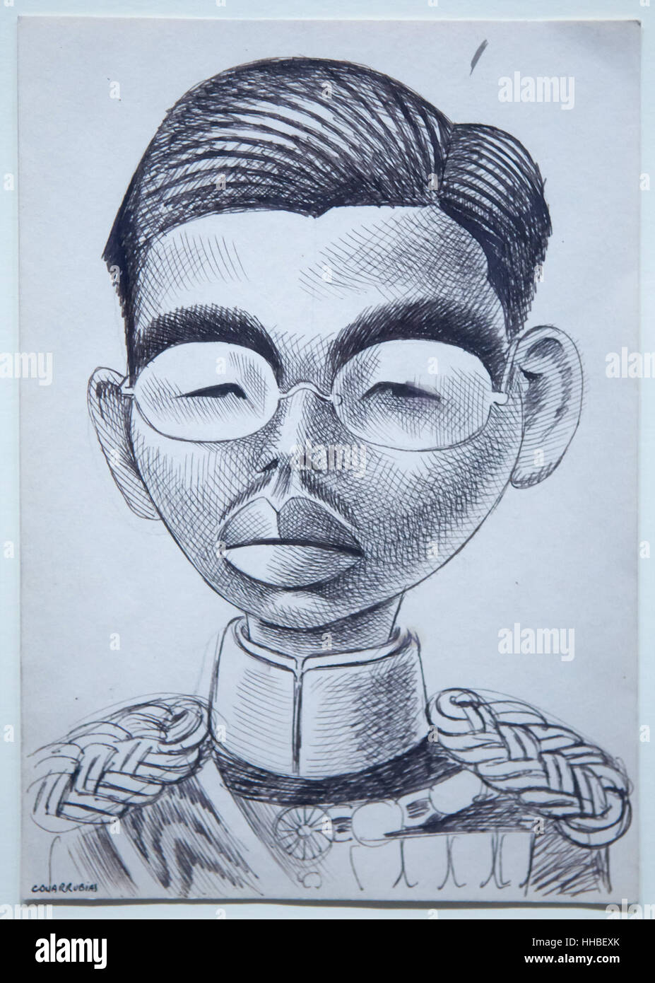 Caricature of Emperor Showa of Japan better known as Hirohito by Mexican caricaturist Miguel Covarrubias for Collier's Magazine displayed at the exhibition devoted to Mexican art from 1900 to 1950 in Grand Palais in Paris, France. The exhibition runs in the till 23 January 2017. Stock Photo