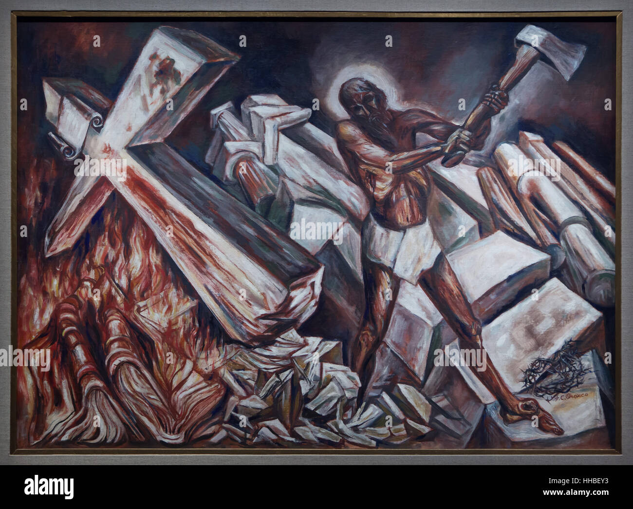 Paining Christ Destroying His Cross (1943) by Mexican painter Jose Clemente Orozco displayed at the exhibition devoted to Mexican art from 1900 to 1950 in Grand Palais in Paris, France. The painting from the collection of the Museo de Arte Carrillo Gil in Mexico City is one of the highlights of the exhibition. The exhibition runs in the till 23 January 2017. Stock Photo