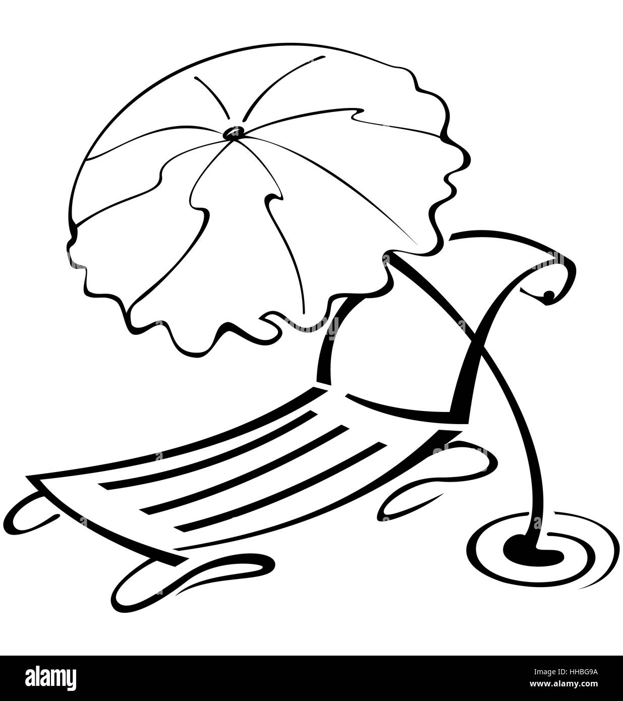 Black and white contour umbrella and beach chair vector illustration ...