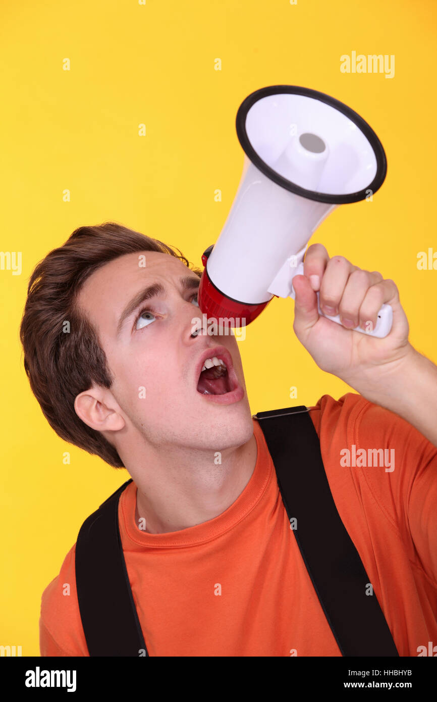 gesture, hand, face, horn, person, front, noise, voice, shirt, attitude