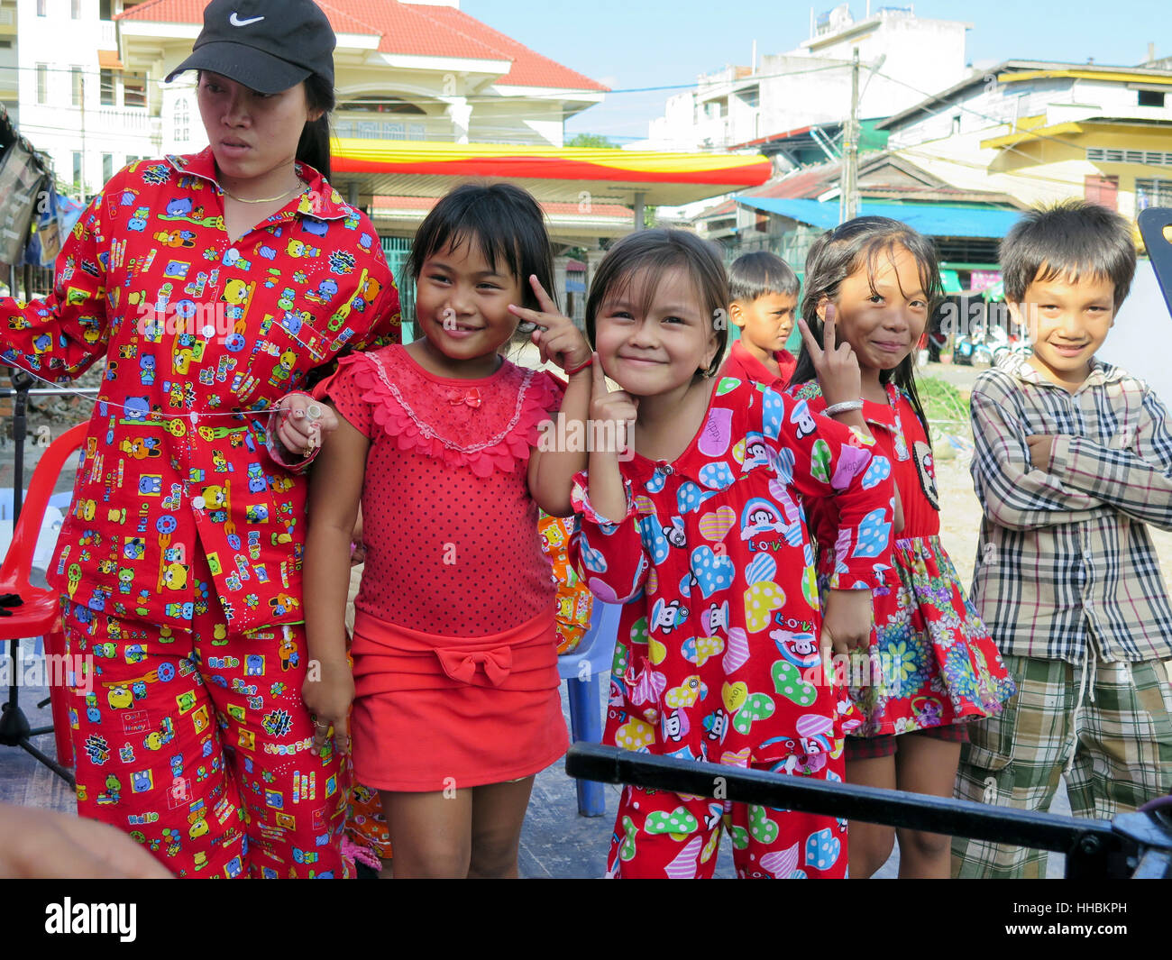 Cambodian kids with their teacher, Phnom Penh. Stock Photo