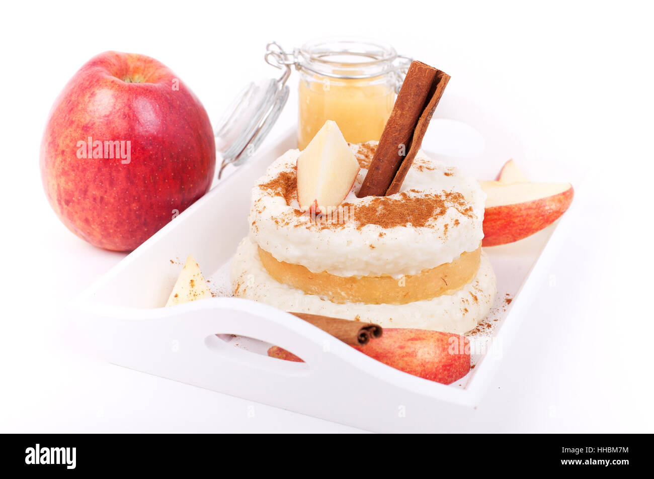 isolated, apples, apple, applesauce, cinnamon stick, rice pudding, dessert, Stock Photo