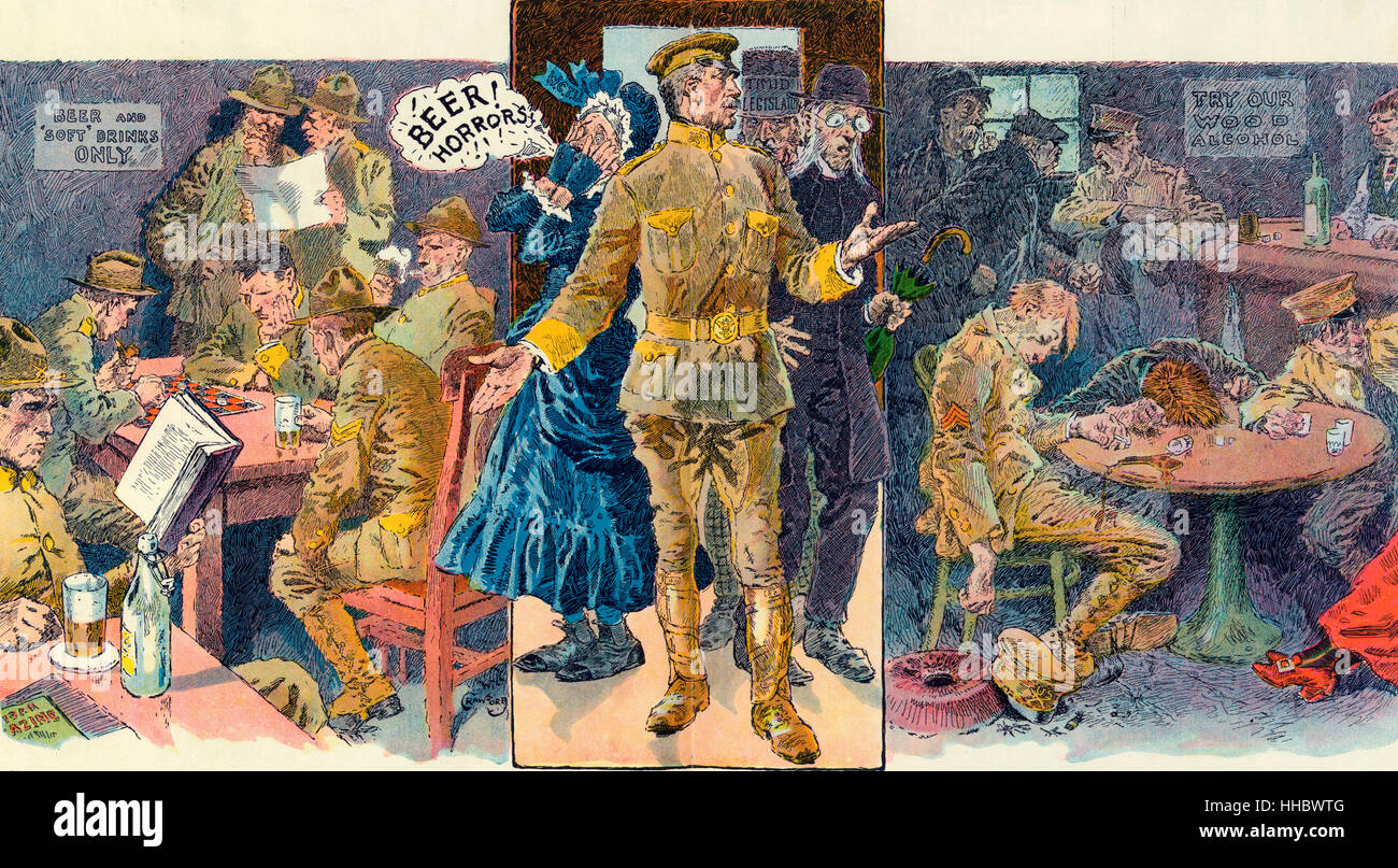 The canteen or the dive - in the name of decency and common sense, which is best for the American soldier?  Illustration shows an Army officer with a woman labeled 'W.C.T.U.' a clergyman, and a man labeled 'Timid Legislator' standing in a doorway, viewing scenes in a canteen, where soldiers are playing chess and reading, and a dive where soldiers are drunk, arguing, and consorting with prostitutes. Includes a lengthy caption about 'W.C.T.U.' efforts to close canteens and the government's unwillingness to reinstate them. World War I Stock Photo