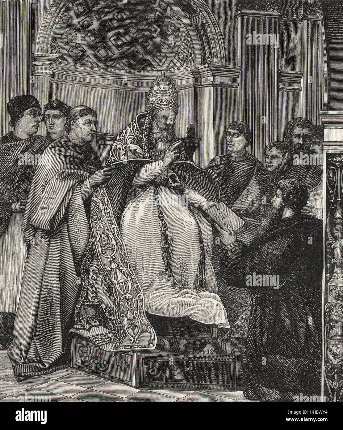 Pope Gregory IX handing the Decretals, which he had embodied in one work, to an advocate of the Consistory Stock Photo