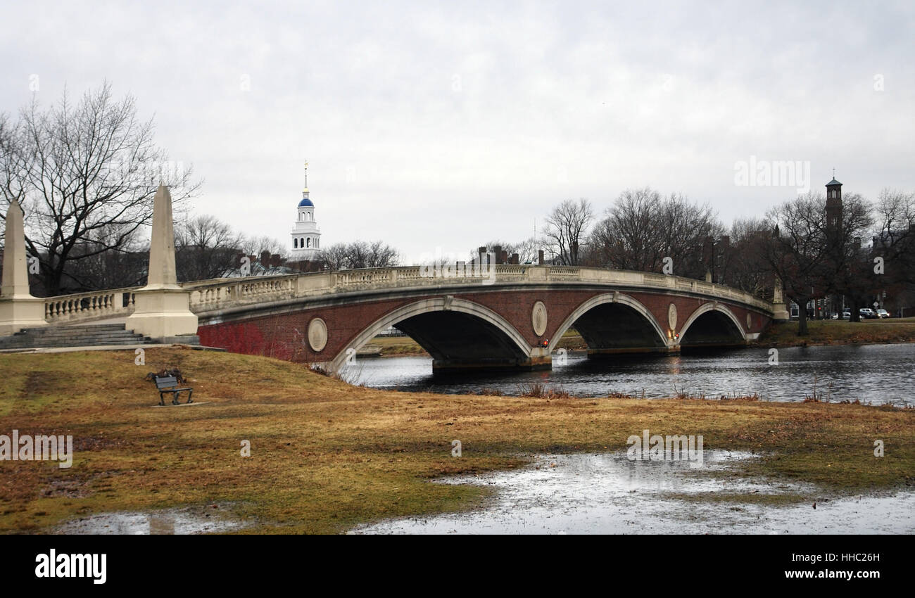 the Harvard footbridge in Cambridge (Massachusetts, USA) with clouded sky at early winter time Stock Photo