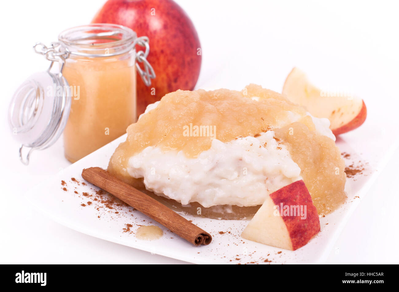 isolated, apples, apple, applesauce, cinnamon stick, rice pudding, dessert, Stock Photo