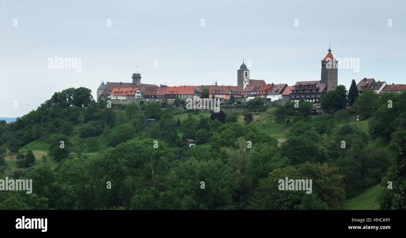 Waldenburg, a small town in Hohenlohe (Southern Germany) with Castle on mountain top at summer time Stock Photo