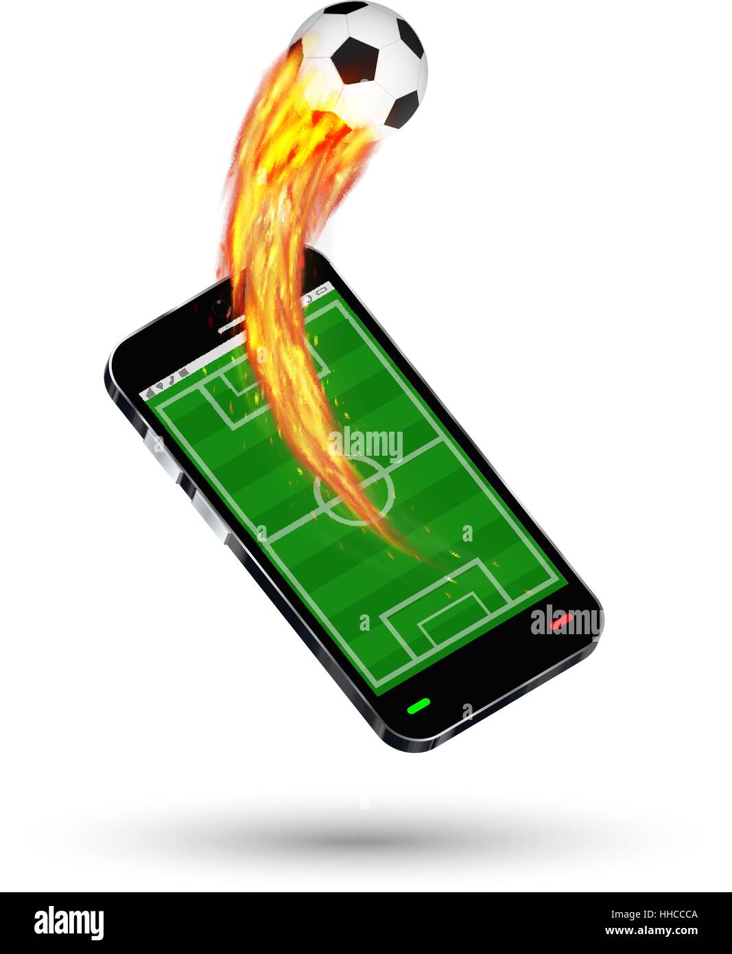 smartphone with a football field and burning soccer football Stock Vector