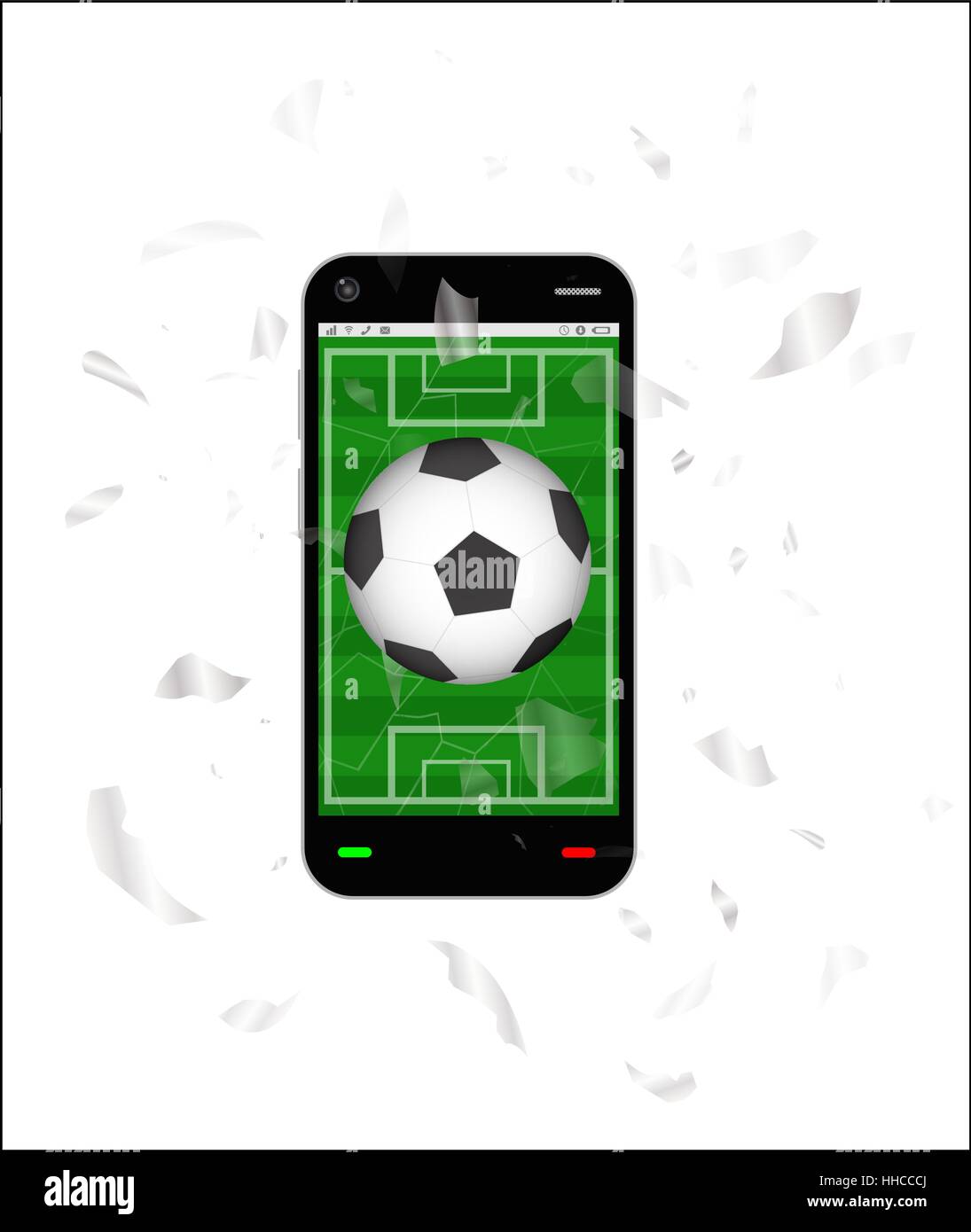 cracked screen smartphone with a football field and soccer football Stock Vector