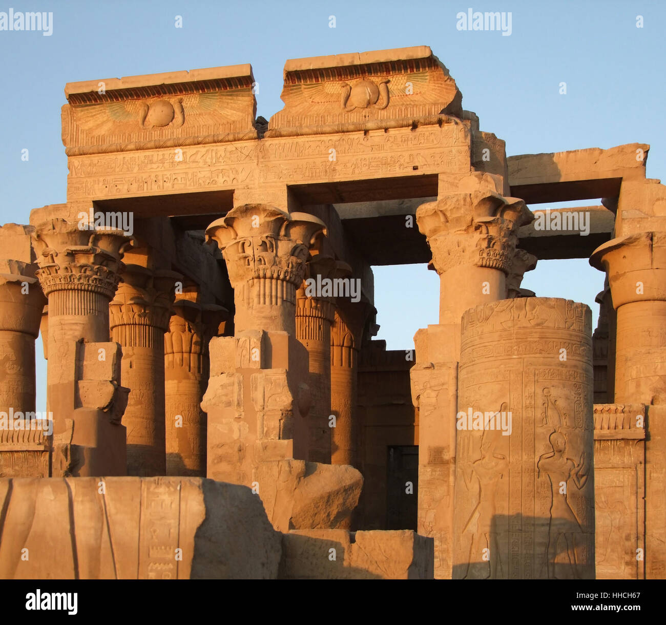sunny illuminated remains of a temple in Kom Ombo (Egypt) at evening time Stock Photo