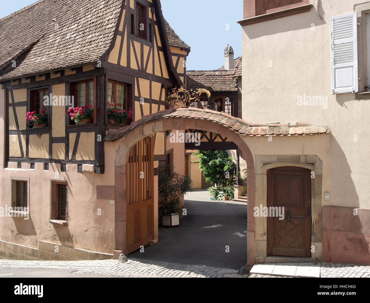 architectural detail with half-timbered house in Mittelbergheim, a village of a region in France named Alsace Stock Photo