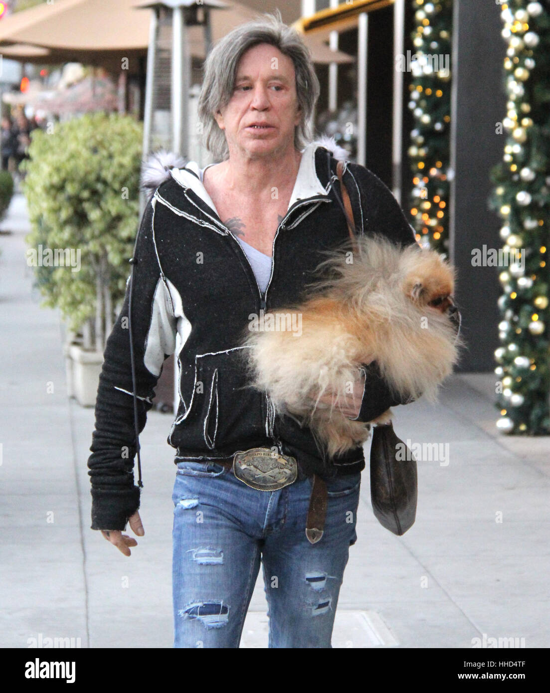 Mickey Rourke leaves Caffe Roma carrying his pet dog Featuring Mickey