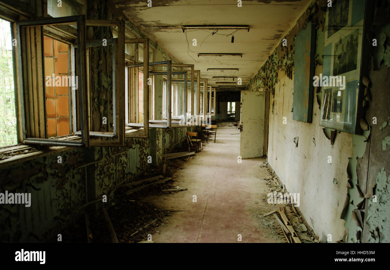 Abadoned school corridor with open windows at Chernobyl city zone of ...